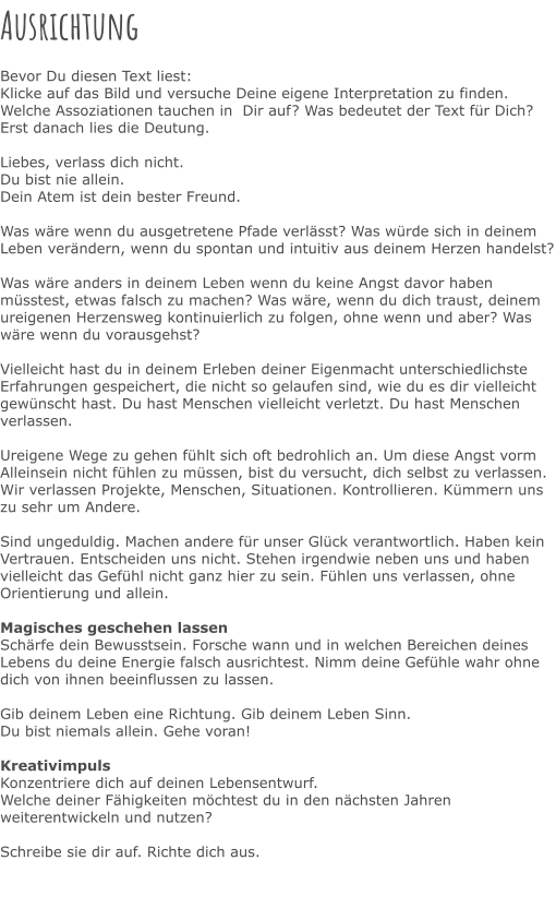 Ausrichtung  Bevor Du diesen Text liest: Klicke auf das Bild und versuche Deine eigene Interpretation zu finden. Welche Assoziationen tauchen in  Dir auf? Was bedeutet der Text für Dich? Erst danach lies die Deutung.  Liebes, verlass dich nicht. Du bist nie allein. Dein Atem ist dein bester Freund.  Was wäre wenn du ausgetretene Pfade verlässt? Was würde sich in deinem Leben verändern, wenn du spontan und intuitiv aus deinem Herzen handelst?  Was wäre anders in deinem Leben wenn du keine Angst davor haben müsstest, etwas falsch zu machen? Was wäre, wenn du dich traust, deinem ureigenen Herzensweg kontinuierlich zu folgen, ohne wenn und aber? Was wäre wenn du vorausgehst?   Vielleicht hast du in deinem Erleben deiner Eigenmacht unterschiedlichste Erfahrungen gespeichert, die nicht so gelaufen sind, wie du es dir vielleicht gewünscht hast. Du hast Menschen vielleicht verletzt. Du hast Menschen verlassen.  Ureigene Wege zu gehen fühlt sich oft bedrohlich an. Um diese Angst vorm Alleinsein nicht fühlen zu müssen, bist du versucht, dich selbst zu verlassen. Wir verlassen Projekte, Menschen, Situationen. Kontrollieren. Kümmern uns zu sehr um Andere.  Sind ungeduldig. Machen andere für unser Glück verantwortlich. Haben kein Vertrauen. Entscheiden uns nicht. Stehen irgendwie neben uns und haben vielleicht das Gefühl nicht ganz hier zu sein. Fühlen uns verlassen, ohne Orientierung und allein.   Magisches geschehen lassen Schärfe dein Bewusstsein. Forsche wann und in welchen Bereichen deines Lebens du deine Energie falsch ausrichtest. Nimm deine Gefühle wahr ohne dich von ihnen beeinflussen zu lassen.  Gib deinem Leben eine Richtung. Gib deinem Leben Sinn. Du bist niemals allein. Gehe voran!  Kreativimpuls Konzentriere dich auf deinen Lebensentwurf. Welche deiner Fähigkeiten möchtest du in den nächsten Jahren weiterentwickeln und nutzen?   Schreibe sie dir auf. Richte dich aus.